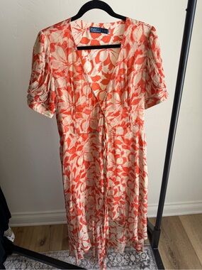 Ralph Lauren Coral and Cream Floral V‑Neck Midi Dress